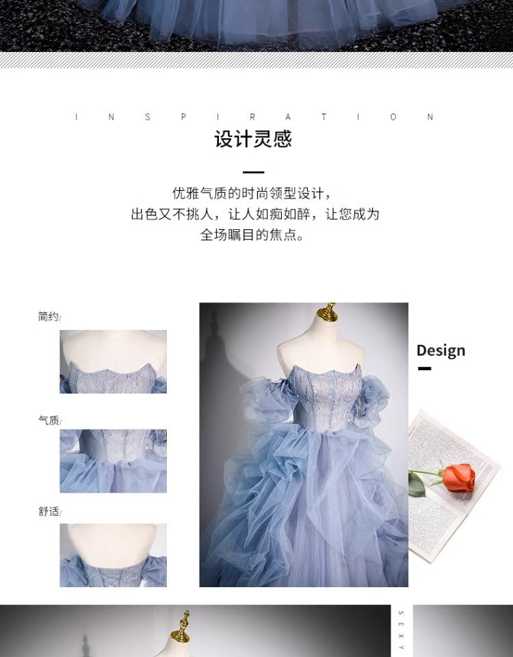 off-Shoulder Evening Dress Haze Blue Piano Performance Adult Ceremony Wedding Dress Bel Canto Solo Blue Gauze Skirt Art Test H2839