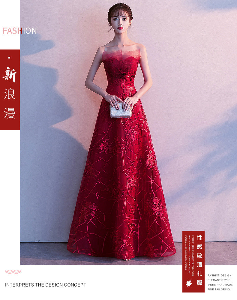 Toast Dress Bride 2024 New Autumn Winter Sexy Strapless Long Type Slimming Wedding Appreciation Dinner Red Evening Dress for Women