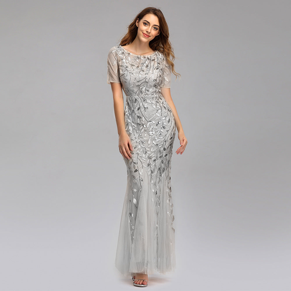 Spring and Summer Cross-Border 2024 Banquet Host European and American Slim Mesh Sequins Evening Dress Fishtail Dress Women