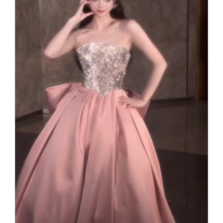 Pink Evening Dress for Women 2024 New High-Grade Tube Top Banquet Temperament Host Birthday Dress 18-Year-Old Adult Ceremony