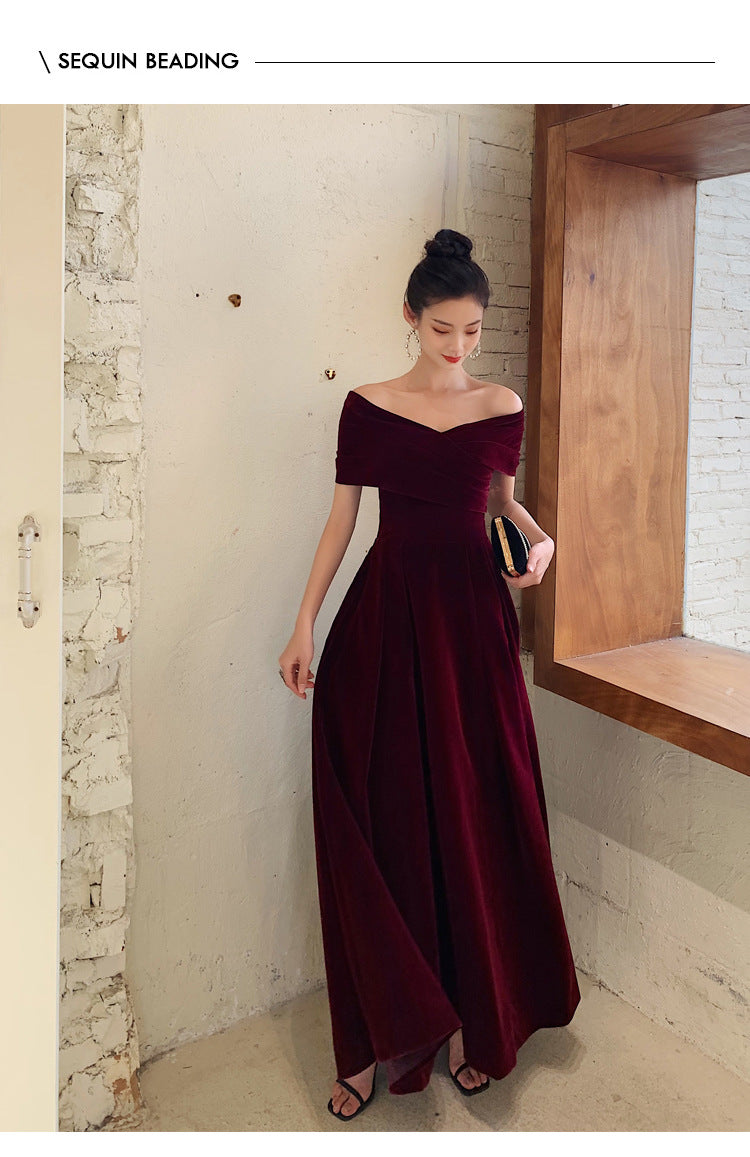 Bridal Toast Clothing Velvet 2024 New High-Grade off-Shoulder Banquet Temperament Engagement License Host Evening Dress