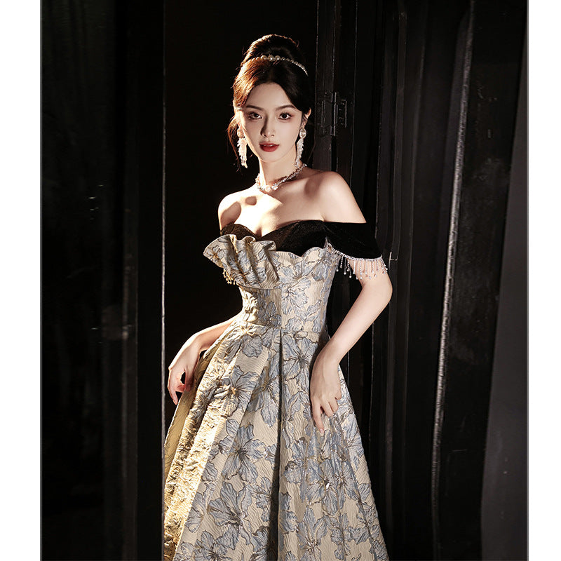 off-Shoulder Banquet Evening Dress Dress Female Gao Ding French Entry Lux Niche High-End Temperament Senior Sense Host Adult Ceremony