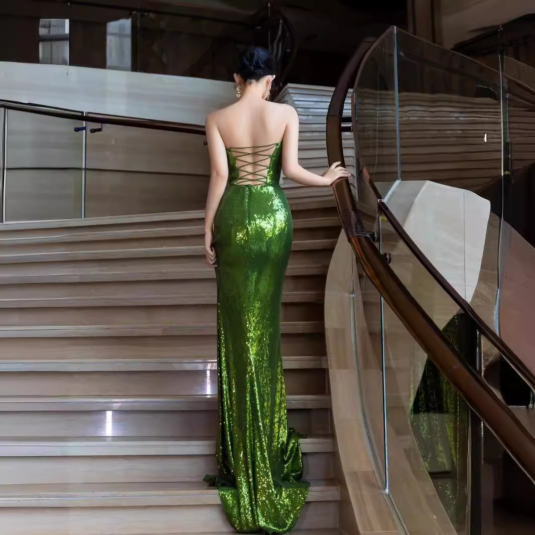 New Chinese Style Green Sequined Morning Gowns Evening Dress 2024 New Bridal Toast Dress Tube Top Birthday Trailing Little Dress