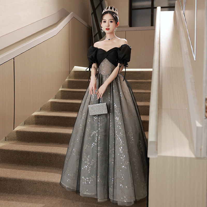 Evening Dress prom dresses French Style Black Hepburn off shoulder ;ace Luxury  Birthday Performance Princess Ball gown H2930