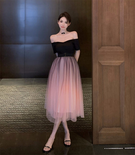 Evening Dress High-End Affordable Luxury Niche off-Shoulder Dress Mesh High Sense Party Adult Ceremony Birthday Little Dress