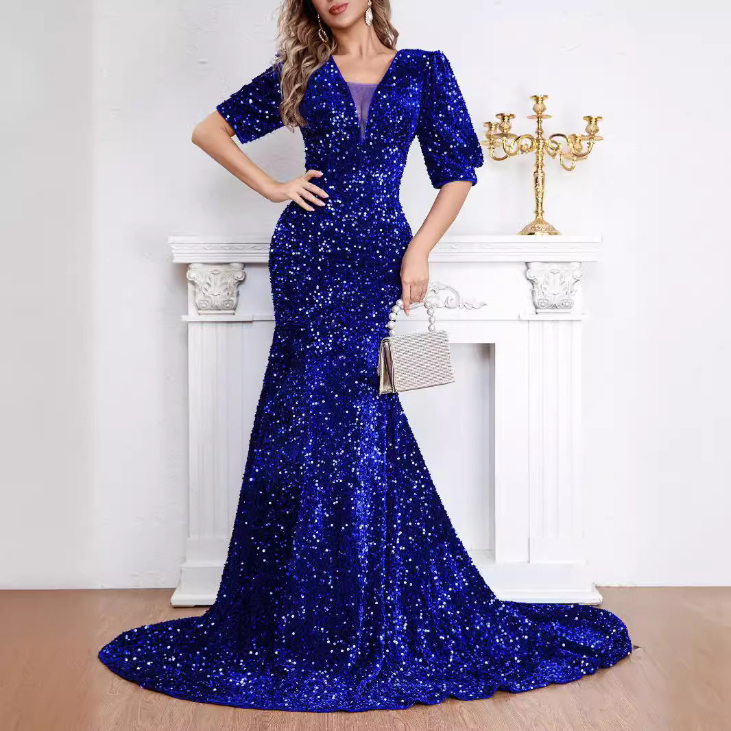 Autumn and Winter New European and American Foreign Trade Women's Clothing Amazon Sexy Middle Sleeve Trailing Sequin Dress Banquet Evening Dress