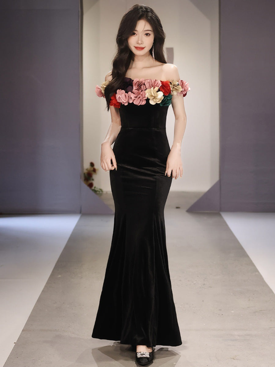 Evening Dresses Flower Gown Black Velet Off Shoulder Dress French Fishtail Long Skirt H88323