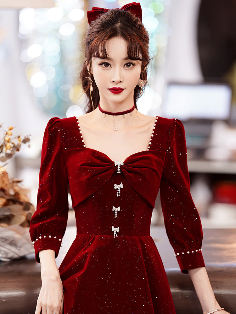 Toast Dress Bride Red Dress Women's High-Grade Skirt Small Engagement Dress Long Sleeve Daily Style Women