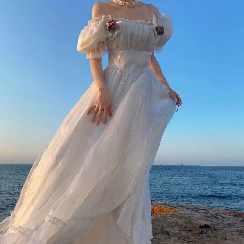 French First Love Organza Backless Lace up Blue Dress Female Tea Break Milk Fufu Escape Princess Super Fairy