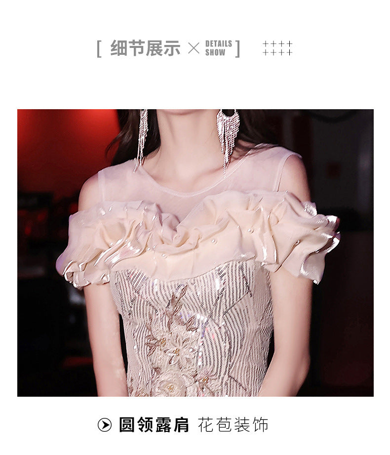 Fishtail Evening Dress 2024 New Sequined off-Shoulder Light Luxury Minority Host Banquet Heavy Work Waist-Tight Evening Dress