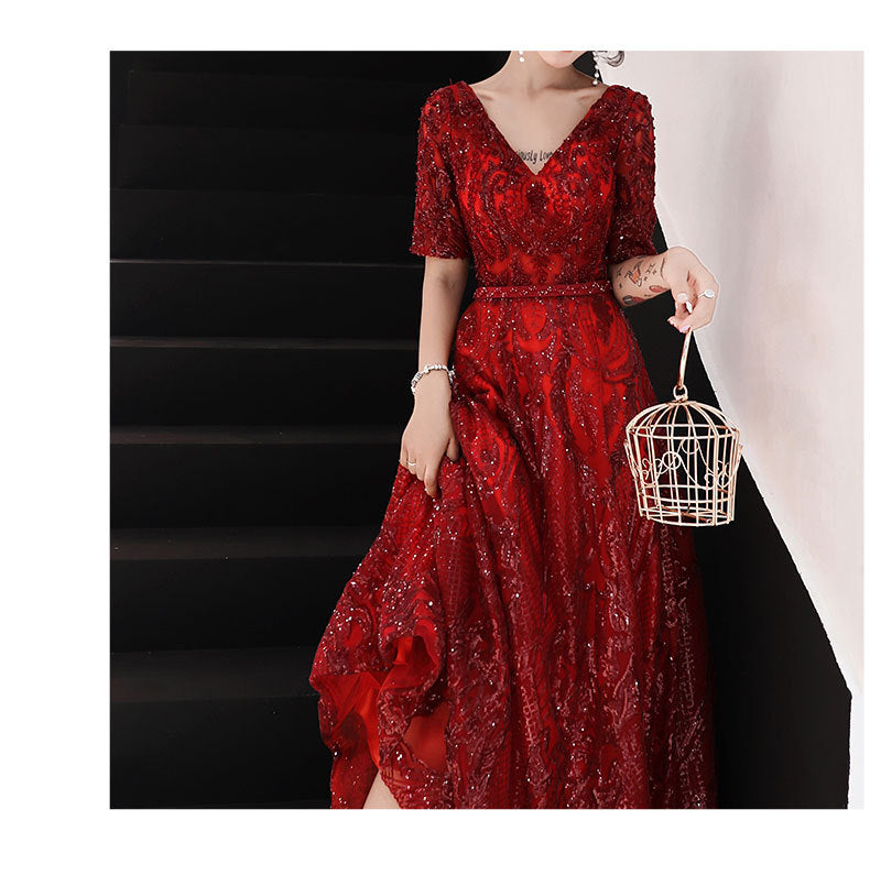 Toast Dress Bride Wedding Evening Dress Temperament Red Engagement Banquet Host Dress Women's Autumn Evening Dress