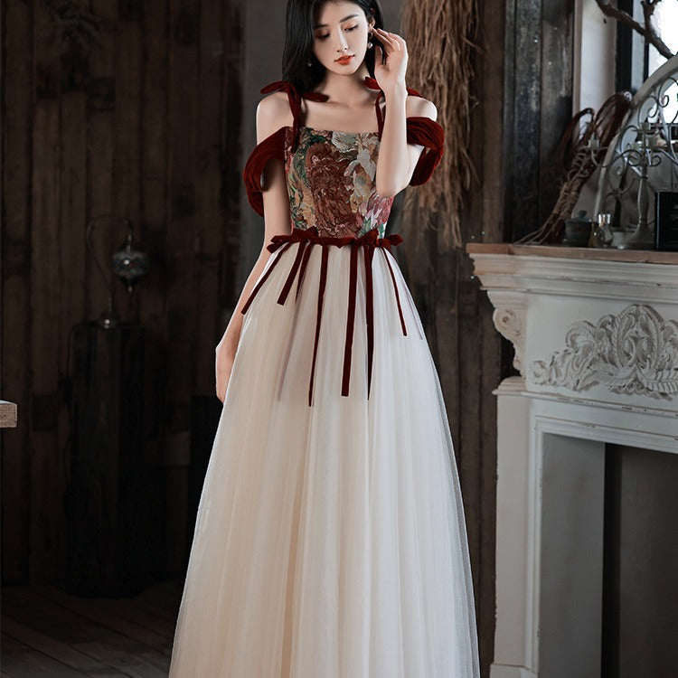 Ball gown Bridal High-End off-Shoulder Red Evening Dress for Court Banquet Engagement Princess Pettiskirt H909P02