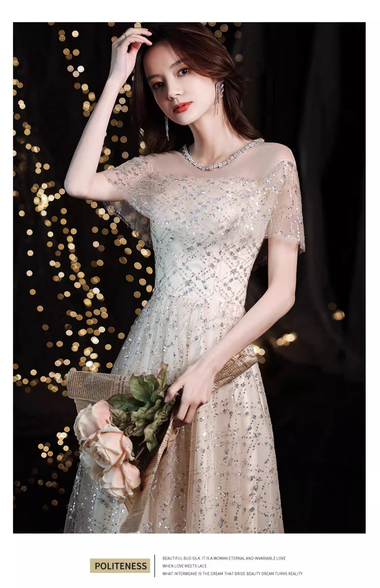 2024 New Sequined Evening Dress Women's High Sense Special Interest Light Luxury Banquet Temperament Annual Meeting Dinner Host