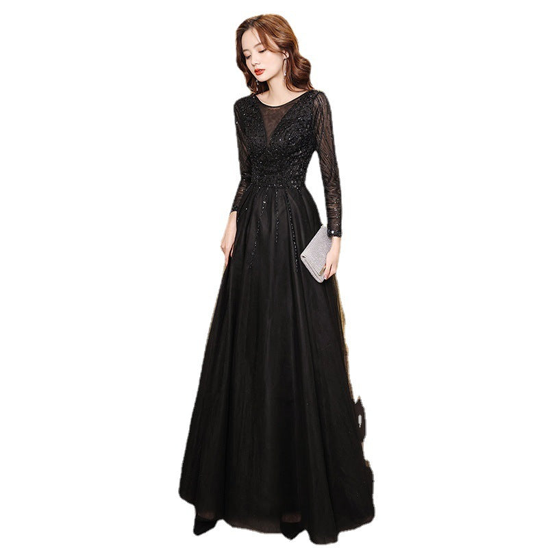 Black Evening Dress Female 2024 Autumn New Master Host Art Exam Dress Choral Performance Long Dress