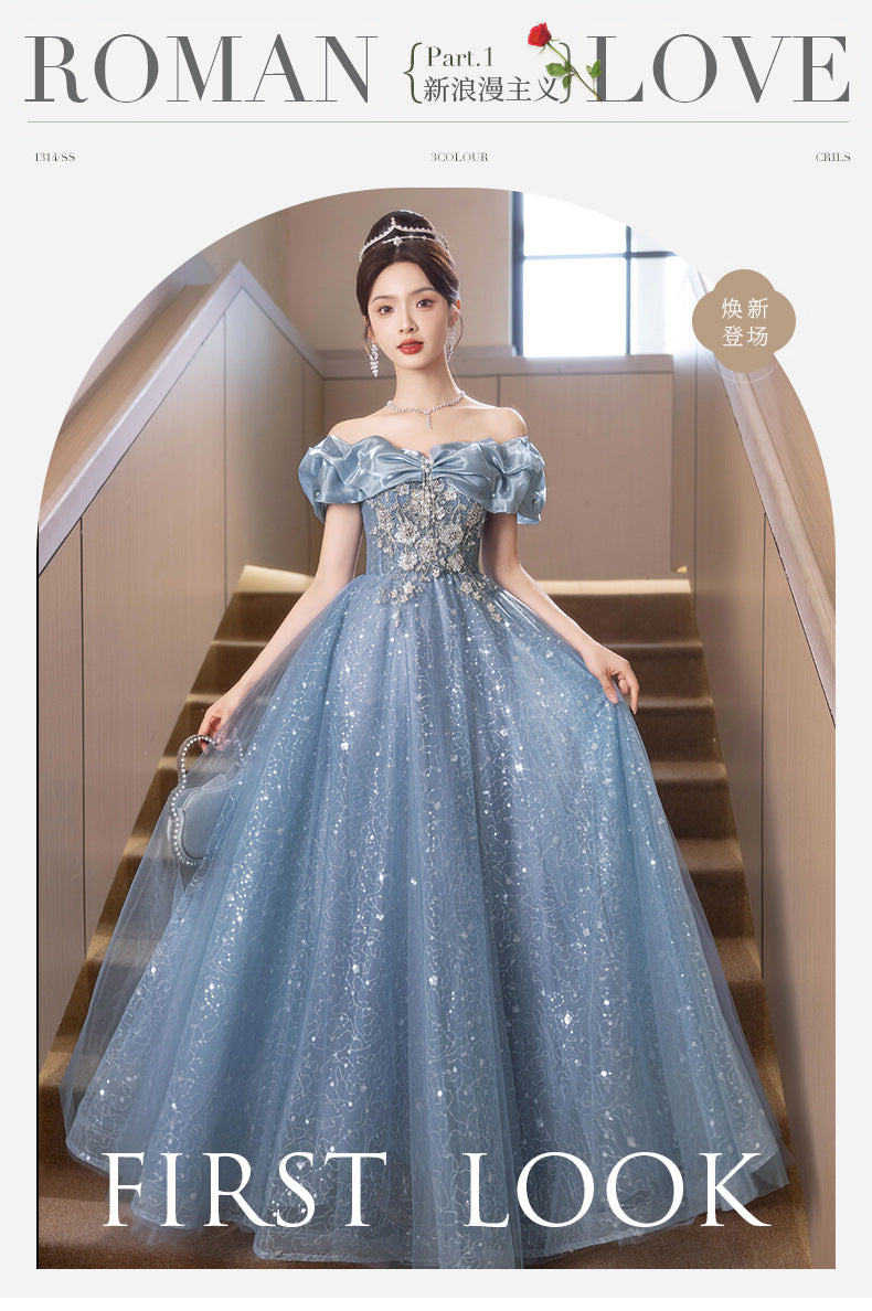 off-Shoulder Blue Evening Dress 2024 New High-End Beautiful Light Luxury Minority Host High Sense Annual Meeting Women