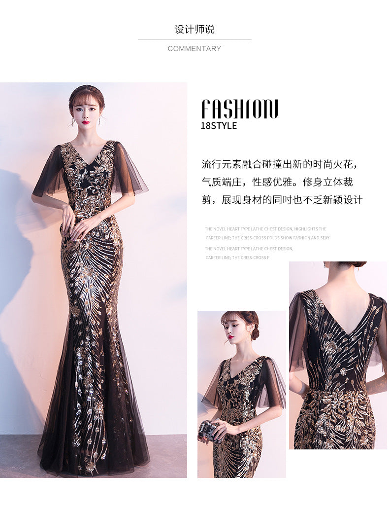 Evening Dress for Women 2024 New Banquet Socialite Gathering Long Style with Medium Sleeves V-neck Black Paillette Host Fishtail