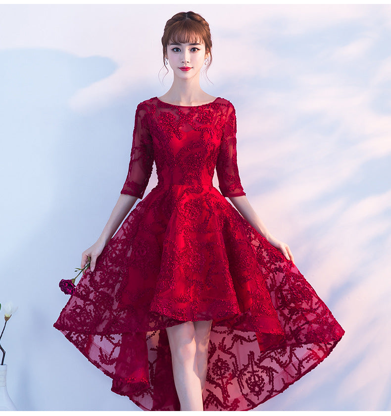 Toast Dress Bridal Elegant Lace Evening Dress Women's Banquet Wine Red Engagement Waist Front Short Back Long Dress