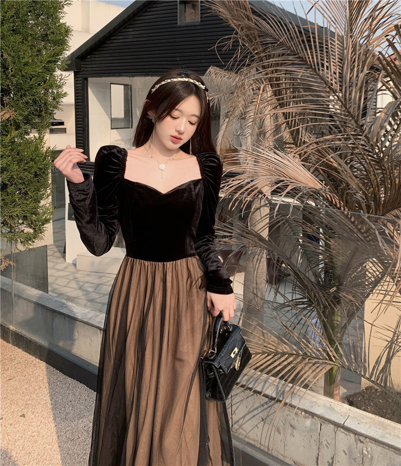 Black Vintage Velvet Dress Women's Autumn and Winter French Temperament Socialite Slim Fit Cinched Mesh Dress Long Skirt