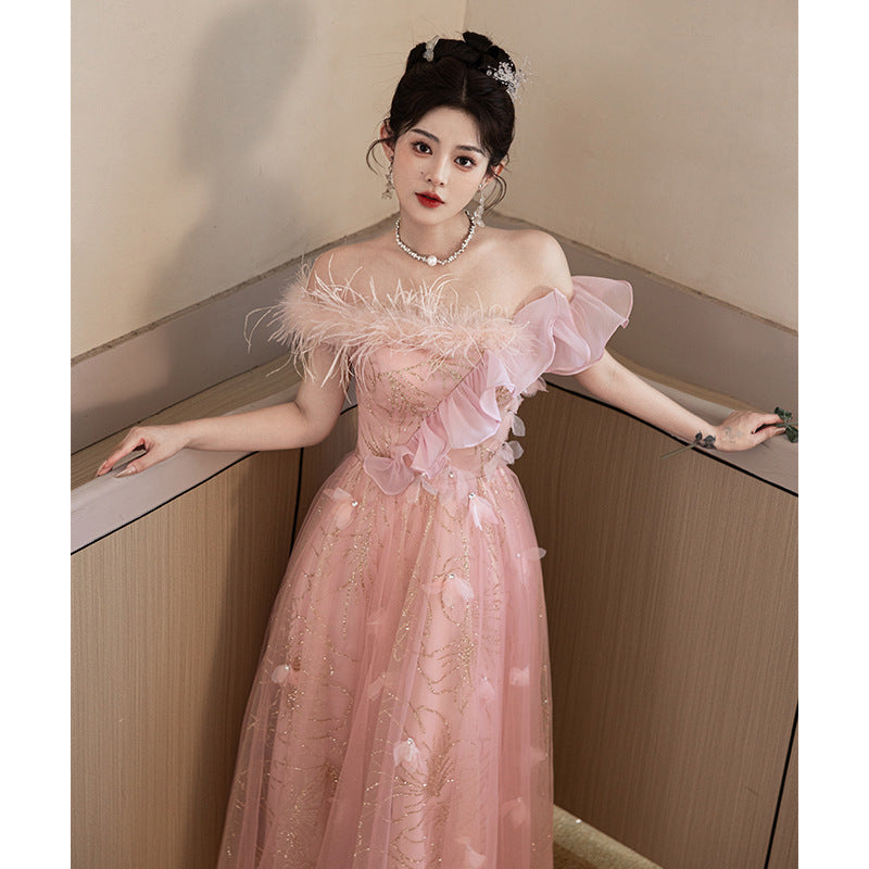 off-Shoulder Evening Dress Female Banquet Temperament Socialite High-End Affordable Luxury Niche Host Engagement High-Grade Pink