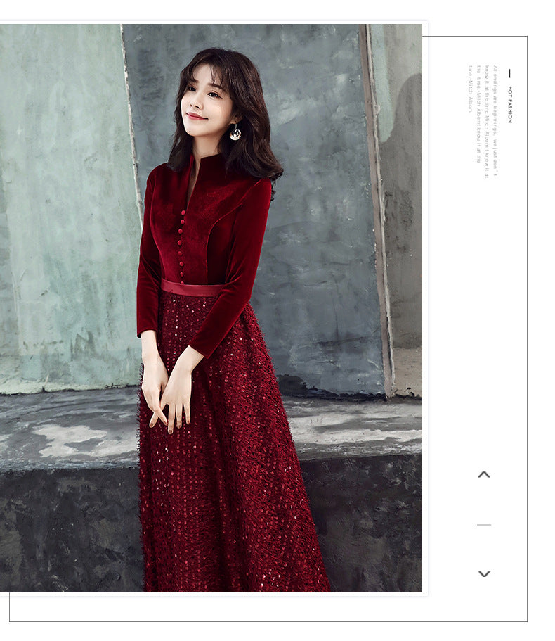 Evening Dress for Women 2024 New Elegant Toast Dress Wine Red Bride Elegant Long Sleeve Wedding Clothes Autumn