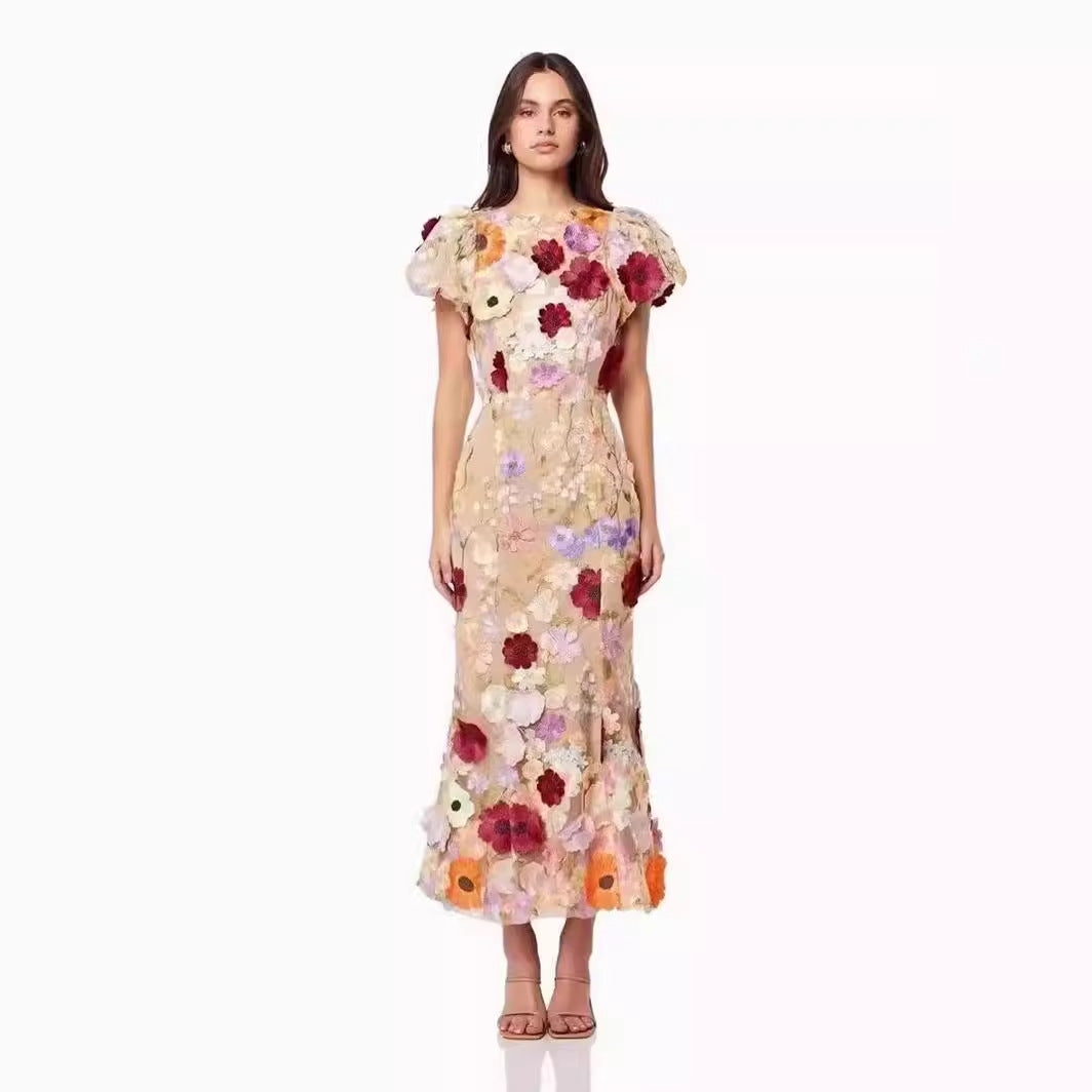 Spring 2024 Cross-Border New Arrival Light Luxury round Neck Embroidered Three-Dimensional Flower Puff Sleeve Mid-Length Dress Hip Skirt