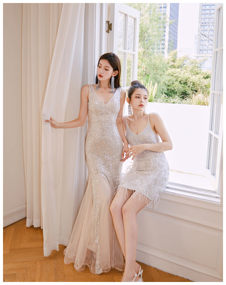 Mermaid Banquet Evening Dress 2024 New High-Grade Fine Glitter Dress Mesh Fishtail Dress Small Dress