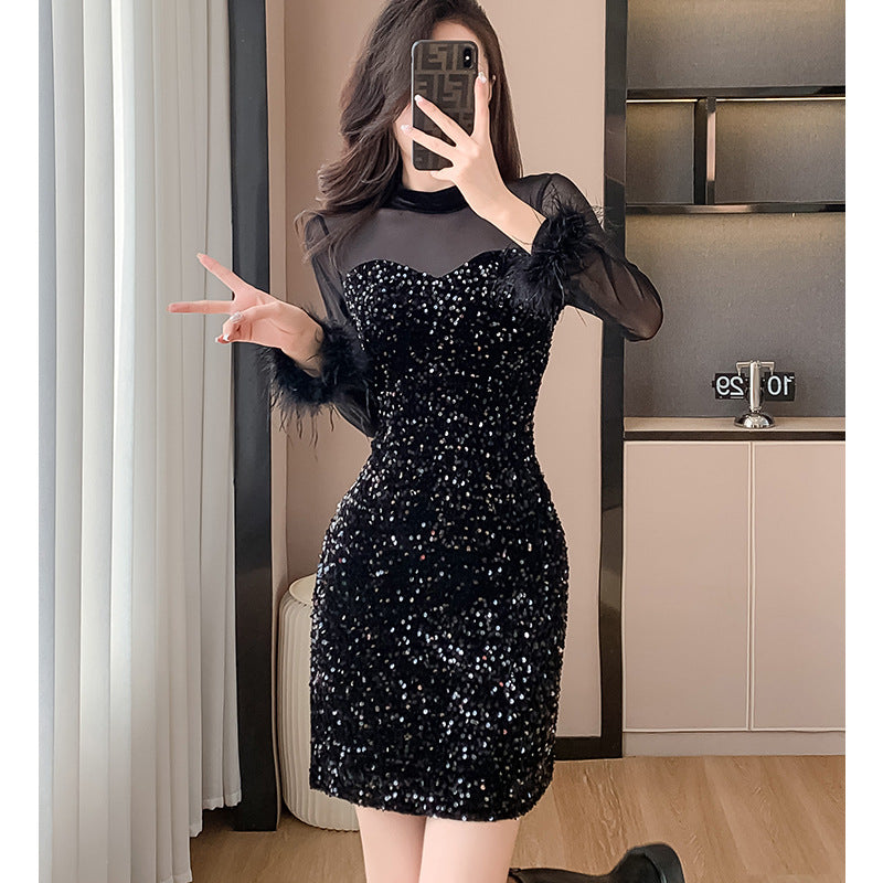 2023 Mesh Stitching Sequins Dress Women's French Entry Lux Sexy Waist Trimming Banquet Dress Sheath Black Dress