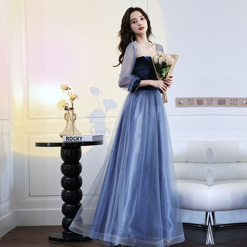 Evening Dress 2024 New Spring Velvet Slimming Long Birthday Party Host Banquet Temperament Belly Covering Dress for Women