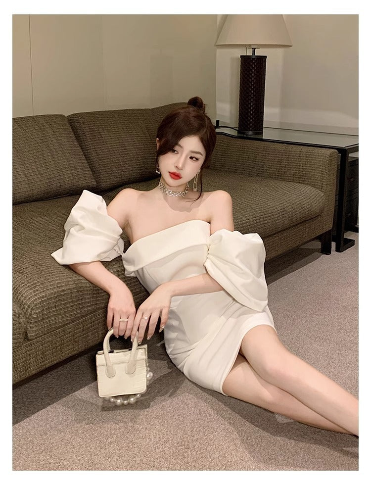 Sexy White off-Shoulder Dress Women's 2024 Spring and Summer New High-End Sense Temperament Banquet Light Dress Women's Fashion