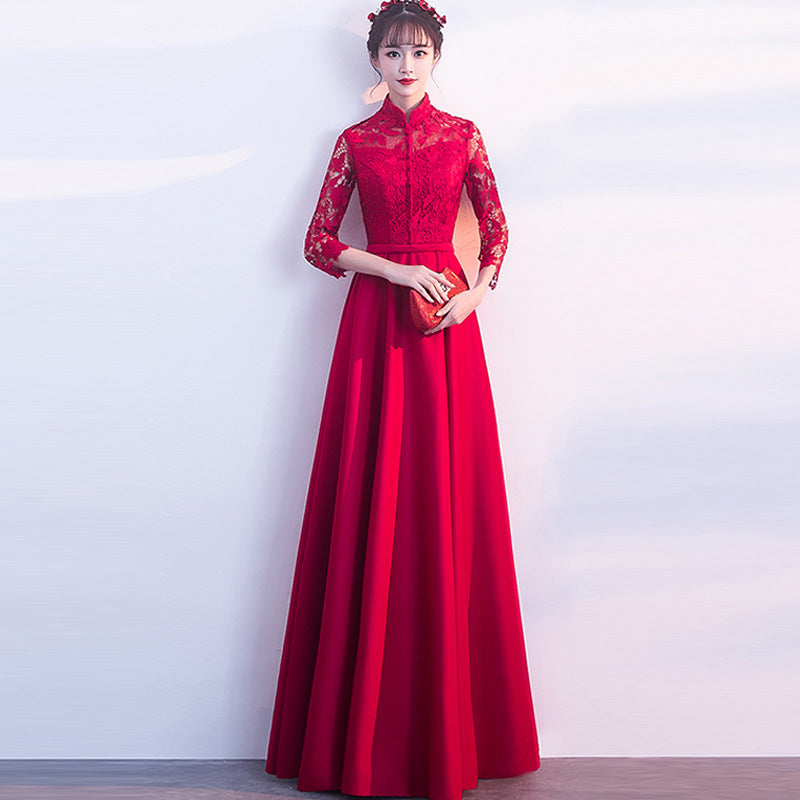 Bride Long sleeve Muslim Wedding Dress evening Dresses Red High collar gown H29092