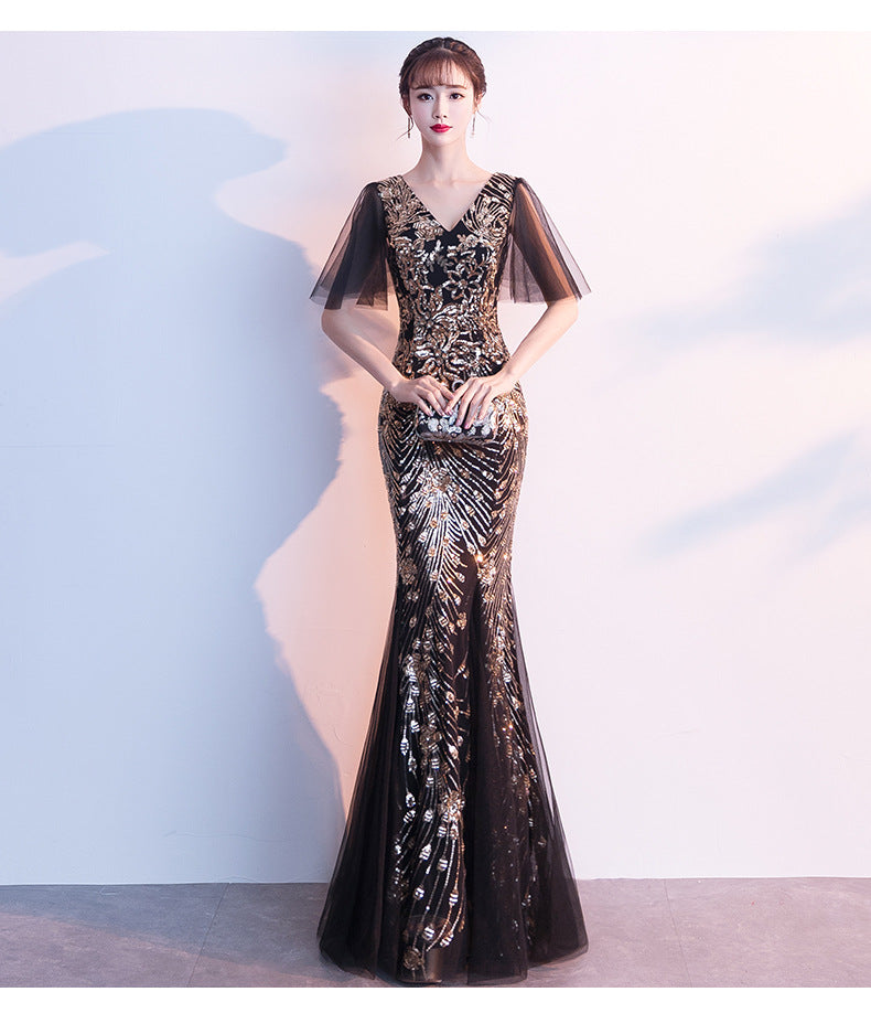 Evening Dress for Women 2024 New Banquet Socialite Gathering Long Style with Medium Sleeves V-neck Black Paillette Host Fishtail