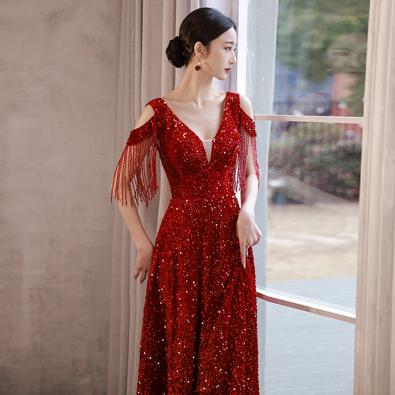 Evening Dress Formal Cocktail Dress Wine Red Sequin Bride Engagement Light Luxury Sequined High-End Large Size H823