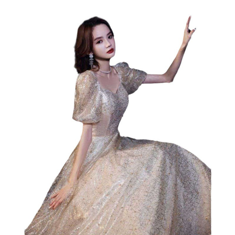 Banquet Evening Dress 2024 New Autumn Champagne Golden Princess Fairy Chorus Conductor Holding People Dress for Women