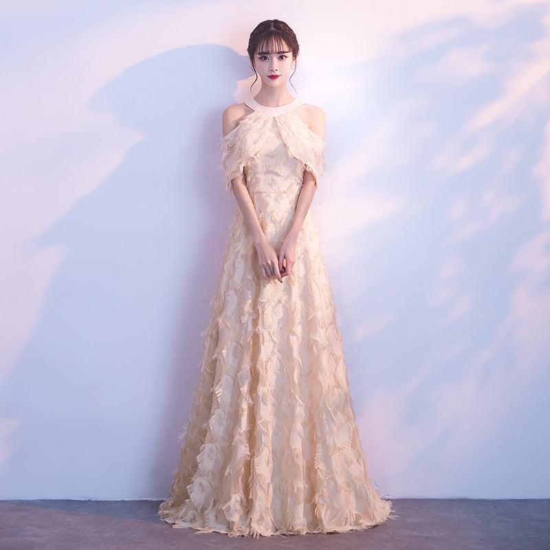Halter Banquet Evening Dress Dress Women's 2024 Autumn New Elegant Long Slimming Solo Art Exam Pink Bridesmaid