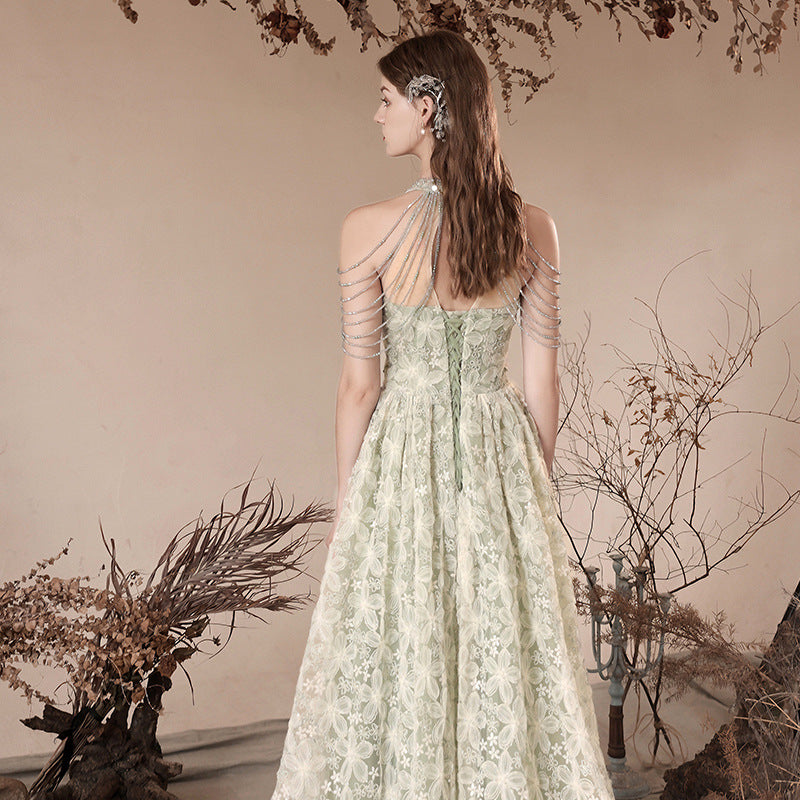 Halter Evening Dress 2024 New Printed Lace Toast Dress Bride Marriage Engagement Long Dress Elegant Slimming Green