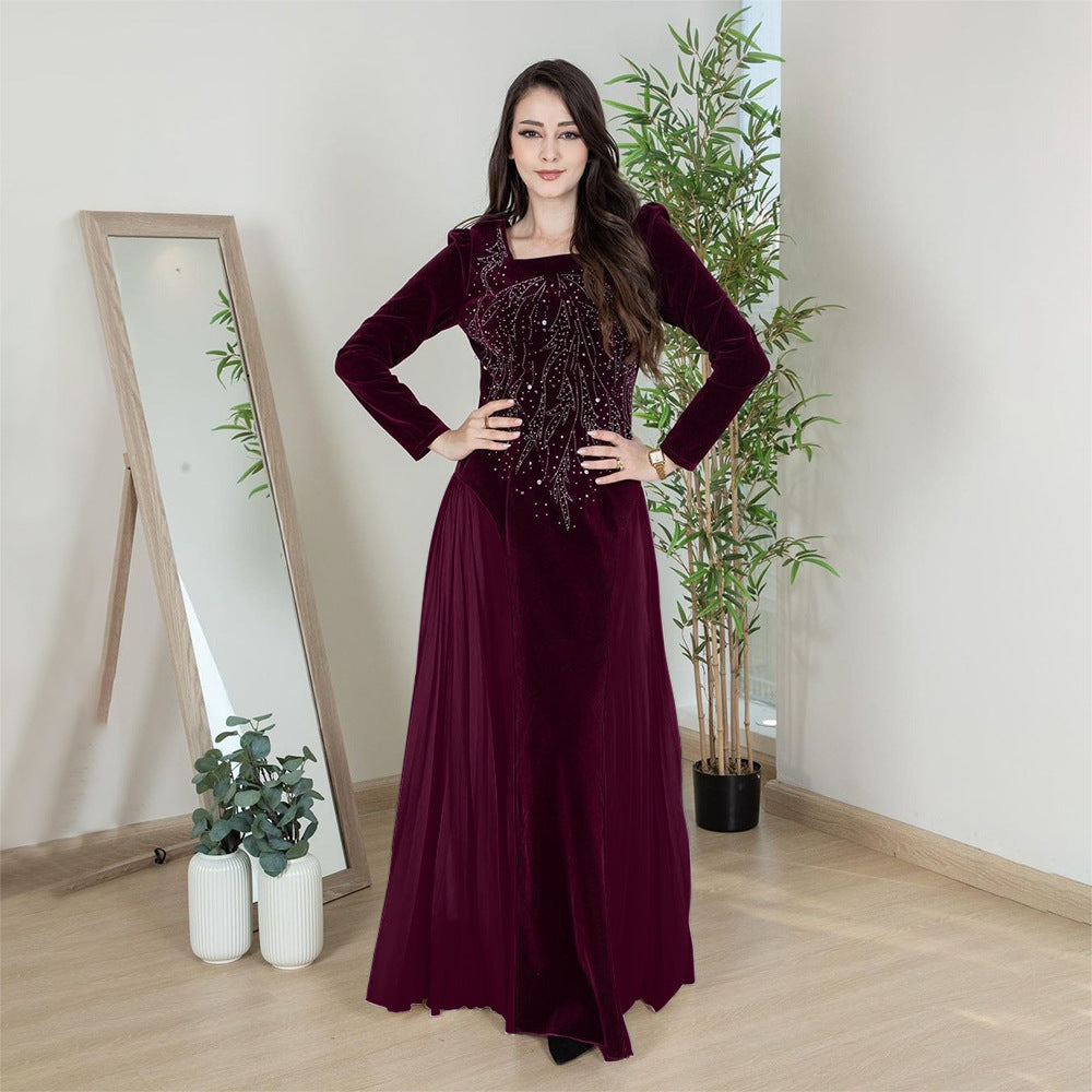 Xqy500222 Dubai Arabic Muslim Korean Velvet Chiffon Stitching Rhinestone Evening Dress Jalabia Women's Dress