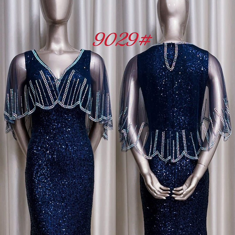Silver V-neck Sequins Dress plus Size Shawl Fashion Minority Design Birthday Banquet Host Fishtail Dress