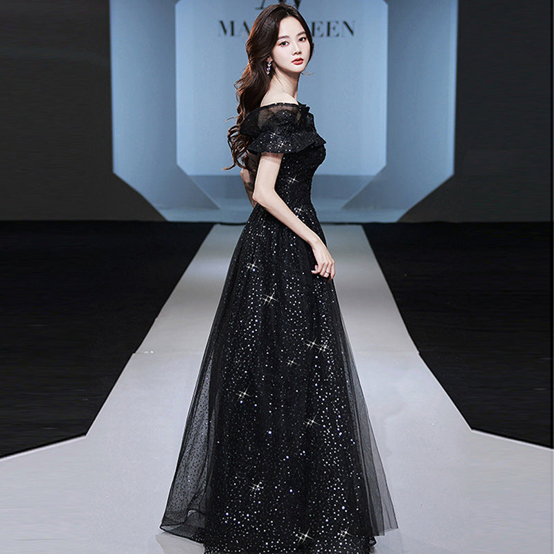 Banquet Small Evening Dress Dress Women's Sexy Charming Black Wedding Dress Birthday off-Shoulder Host Adult Ceremony