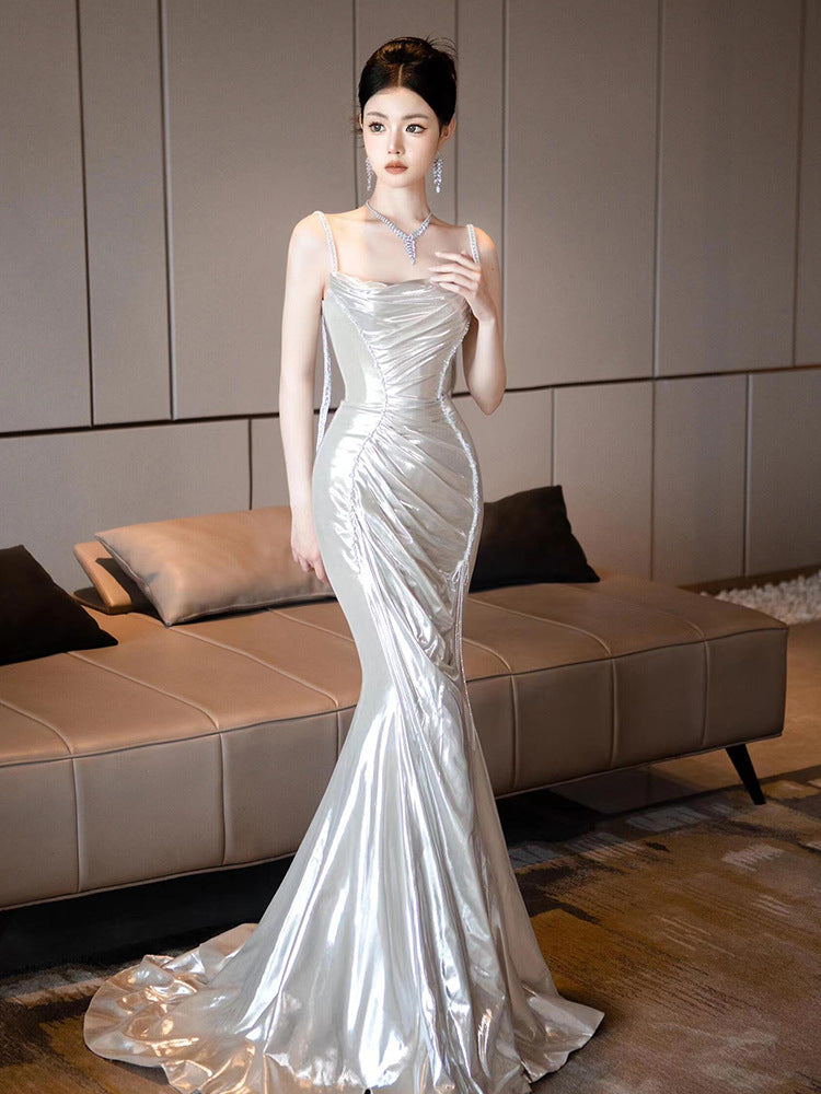 Morning Gowns Women's 2024 New Fishtail Strap Toast Dress Bride Engagement Dress Banquet Temperament Host Evening Dress