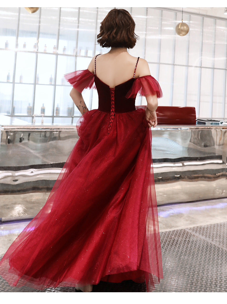 Toast Dress Bride Wine Red Dress Slimming Temperament 2022 New Banquet Strap Handmade Marriage Engagement Dress