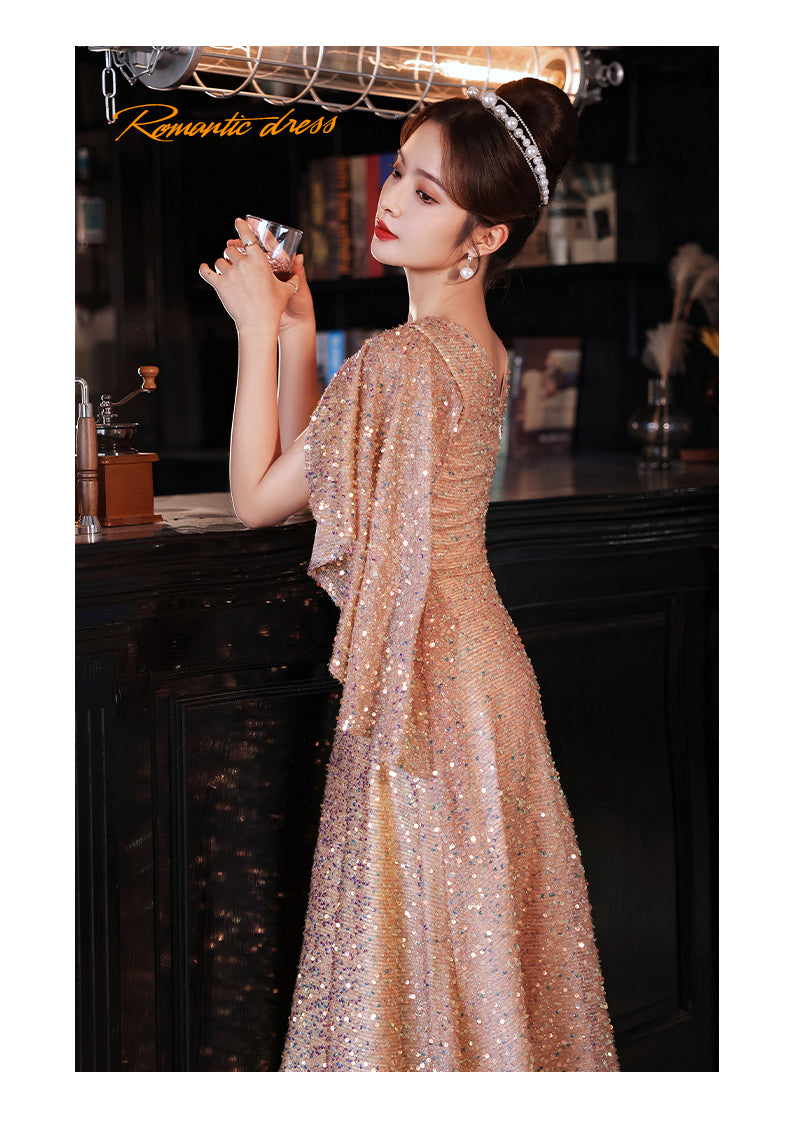 Foreign Trade Cross-Border Supply Evening Dress for Women 2024 New Banquet Socialite Temperament Entry Lux Niche Host Sense Sequins