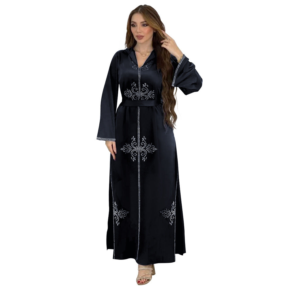 Xqy500157 Middle East Abaya Ethnic Style Dress Hooded Robe Fashion Diamond-Embedded Slits Lower Hem Dress