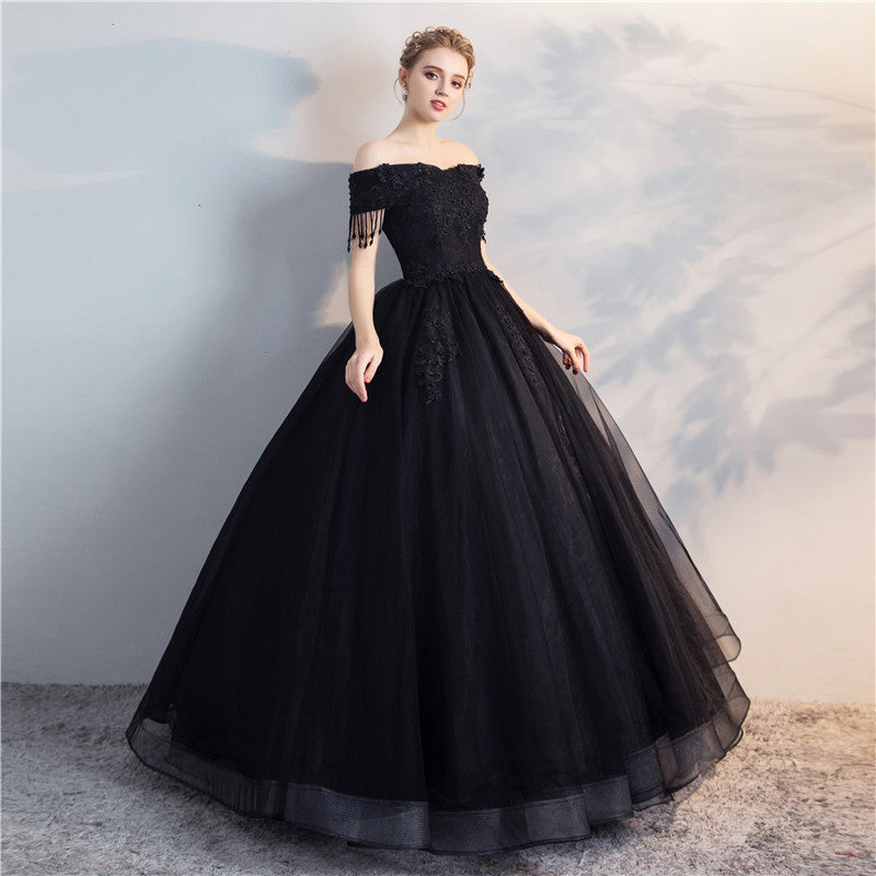 New Evening Dress 2024 New Black off-Shoulder Solo Host Performance Pettiskirt Long Women's Studio