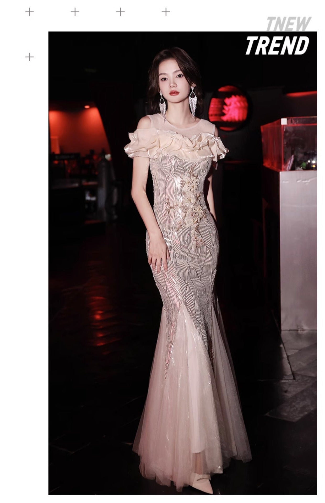 Fishtail Evening Dress 2024 New Sequined off-Shoulder Light Luxury Minority Host Banquet Heavy Work Waist-Tight Evening Dress