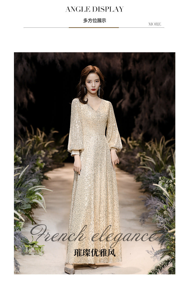 Factory Supply Evening Dress 2024 New Autumn and Winter Long Long Sleeve V-neck Sequins Champagne Annual Party Evening Dress