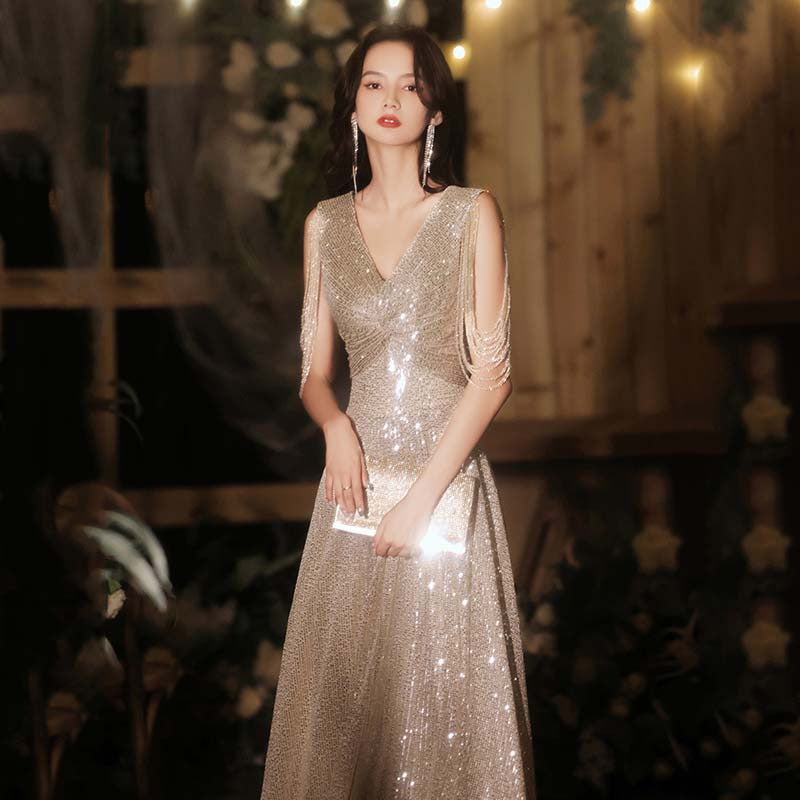 Prom dress Golden Tassel Sequins Dress Host Champagne Annual Party Banquet shimmering day Evening Dresses H7766