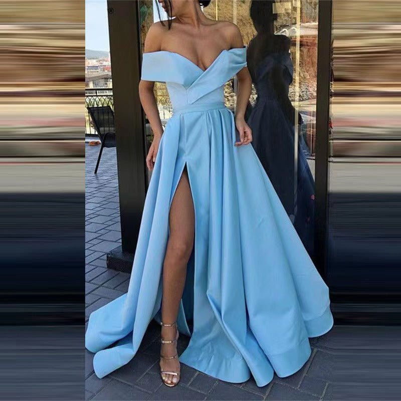 Party Dress satin black red off shoulder dinner dresses gala gown Women's European and American Style 2023 Cross-Border New Arrival Sexy Deep V Solid Color High-End Satin Banquet Evening Dress