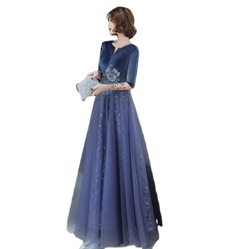 Evening Dress Party Dinner Gown Women's Banquet Elegant Solo Performance Host Art Exam Velvet Long Dress H9223