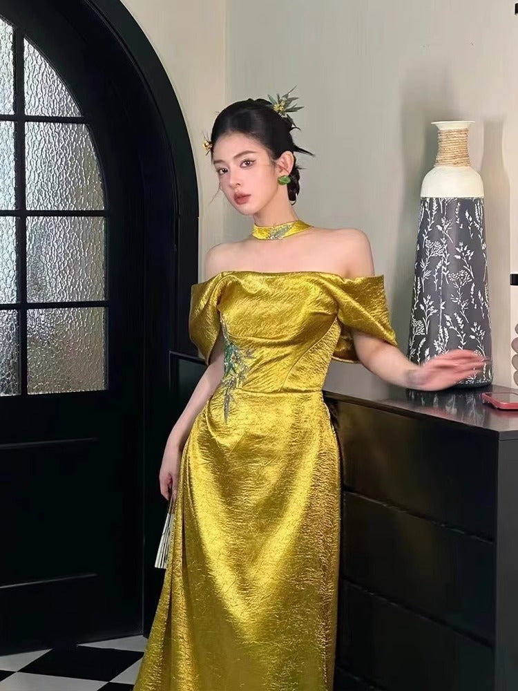 New Chinese Style Morning Gowns Women's 2024 New Tube Top Bride Engagement Formal Dress Toast Clothing off-Shoulder Host Evening Dress