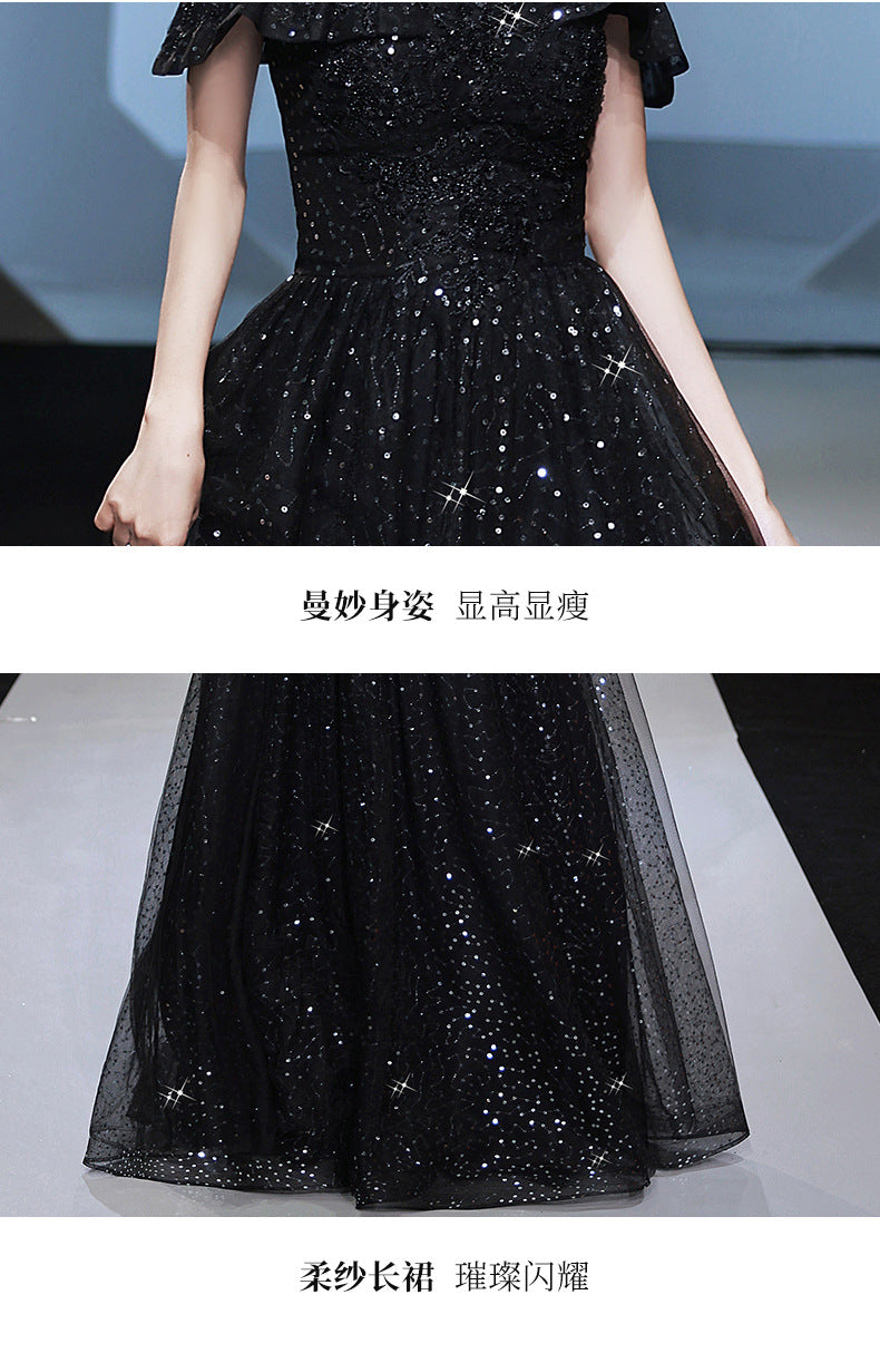 Banquet Small Evening Dress Dress Women's Sexy Charming Black Wedding Dress Birthday off-Shoulder Host Adult Ceremony